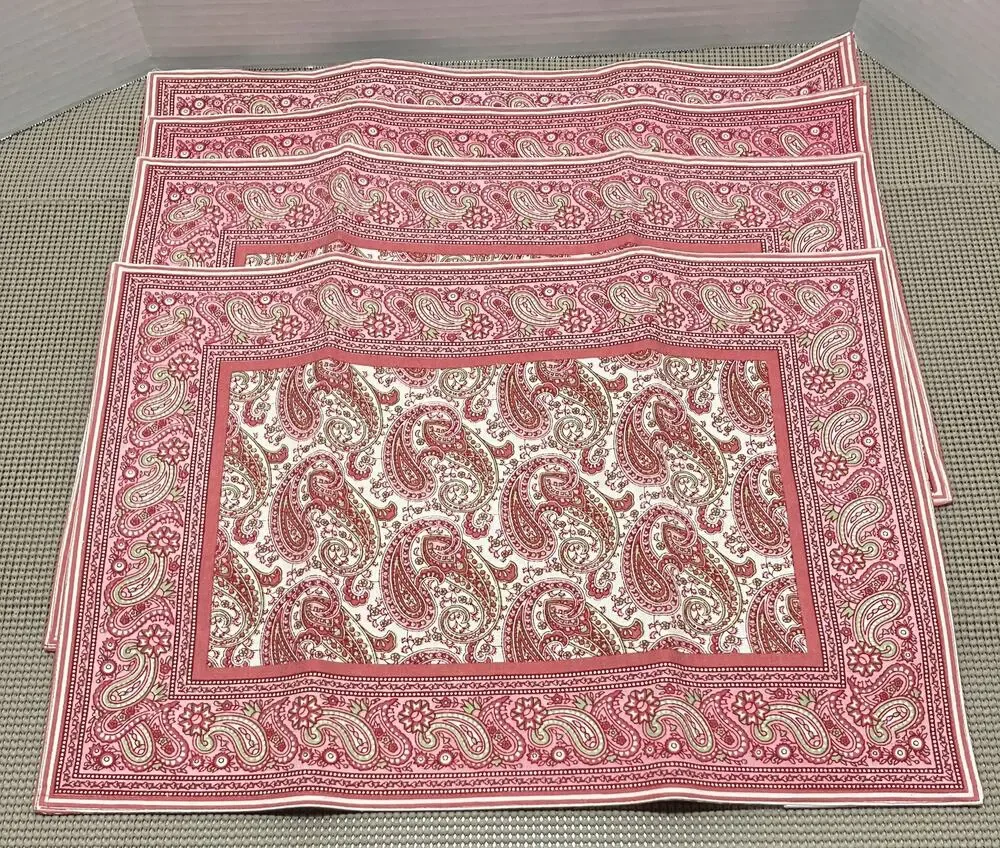 Williams Sonoma Placemats Set of 4 Ella Pink Paisley Ticking Stripe Crisp Cotton